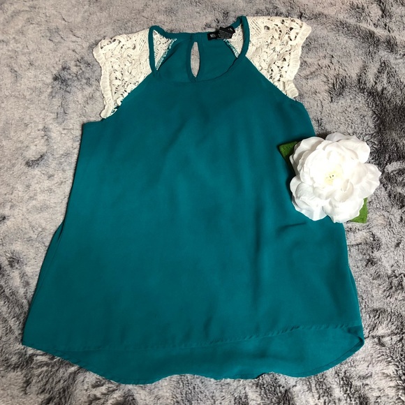 Miss Chievous Teal Green Top w/ Lace Sleeves XS - Picture 3 of 9